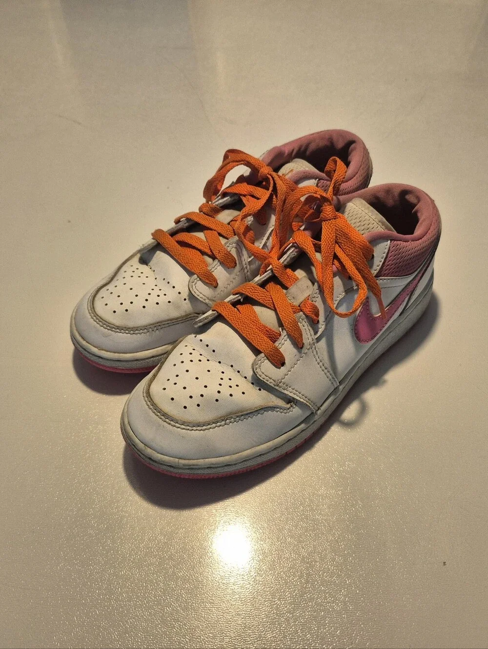 Nike Kids Air Jordan White Sneakers with Pink Swoosh and Orange Laces - Picture 2 of 7